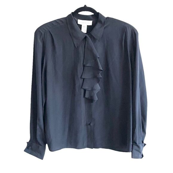 JONES NEW YORK Vintage Black Silk Button Front Ruffle Blouse 8 - Picture 6 of 9